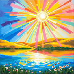 An expressive acrylic painting capturing a refracting sun, radiating vibrant colors as it shines through a crystal prism