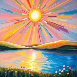 An expressive acrylic painting capturing a refracting sun, radiating vibrant colors as it shines through a crystal prism