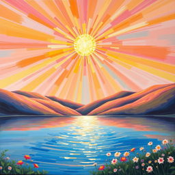 An expressive acrylic painting capturing a refracting sun, radiating vibrant colors as it shines through a crystal prism
