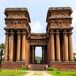 An impressive ancient temple standing majestically, showcasing its towering pillars and intricate stone carvings