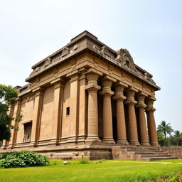 An impressive ancient temple standing majestically, showcasing its towering pillars and intricate stone carvings