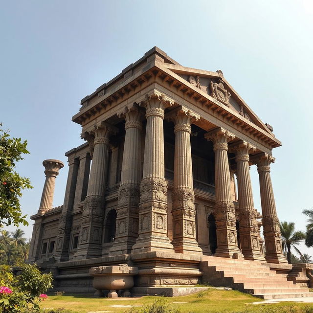 An impressive ancient temple standing majestically, showcasing its towering pillars and intricate stone carvings