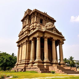 An impressive ancient temple standing majestically, showcasing its towering pillars and intricate stone carvings