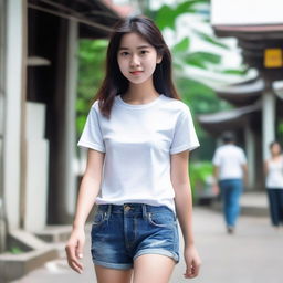 A high-resolution, realistic image of a 17-year-old Thai girl, slightly petite, walking