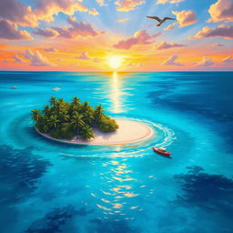 An exquisite oil painting depicting a tropical island in the ocean, surrounded by crystal-clear turquoise waters