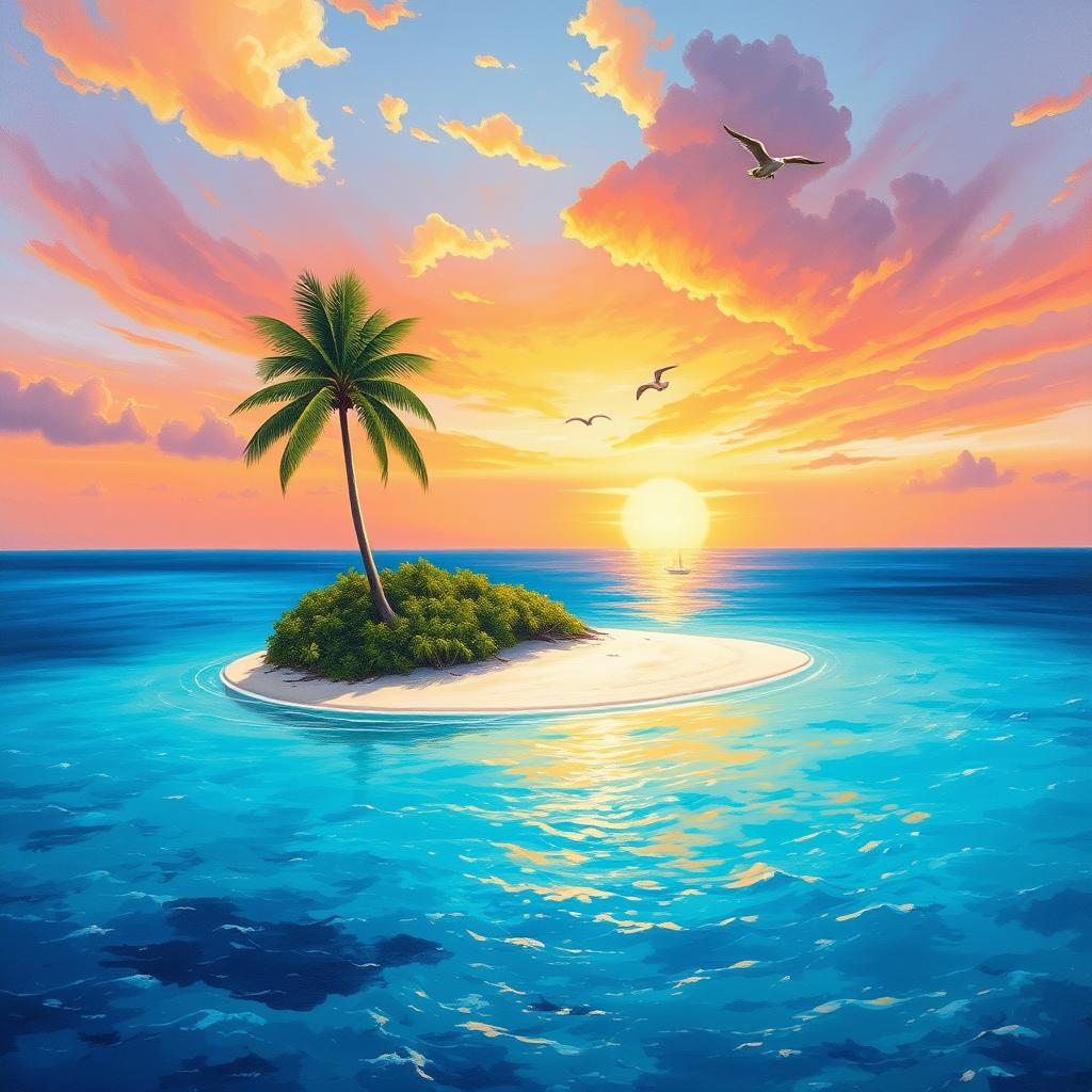 An exquisite oil painting depicting a tropical island in the ocean, surrounded by crystal-clear turquoise waters