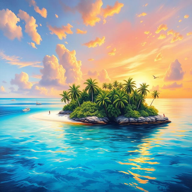 An exquisite oil painting depicting a tropical island in the ocean, surrounded by crystal-clear turquoise waters