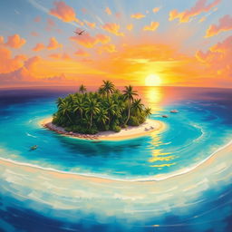 An exquisite oil painting depicting a tropical island in the ocean, surrounded by crystal-clear turquoise waters