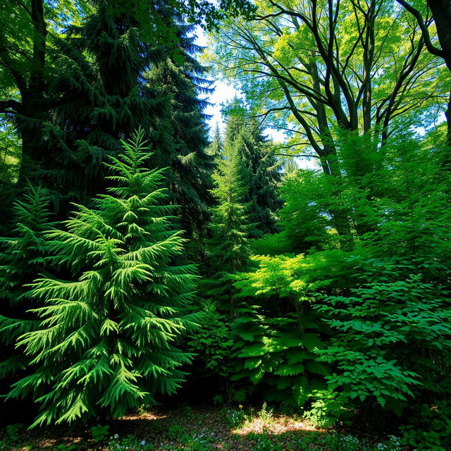 A beautiful background featuring a dense arrangement of various trees, showcasing an array of greens from the foliage