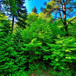 A beautiful background featuring a dense arrangement of various trees, showcasing an array of greens from the foliage
