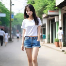 A high-resolution, realistic image of a 17-year-old Thai girl, slightly petite, walking