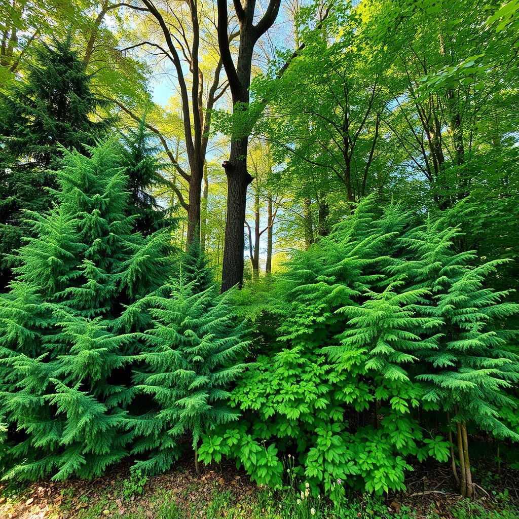 A beautiful background featuring a dense arrangement of various trees, showcasing an array of greens from the foliage