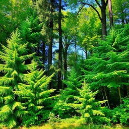 A beautiful background featuring a dense arrangement of various trees, showcasing an array of greens from the foliage
