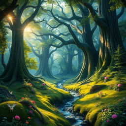 A mystical enchanted forest filled with towering ancient trees, lush greenery, and shimmering sunlight filtering through the vibrant leaves