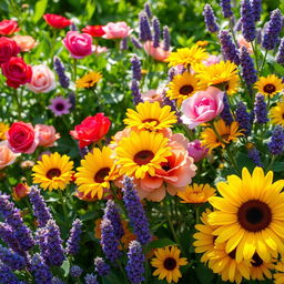 A vibrant background filled with a diverse array of blooming flowers in various colors and sizes