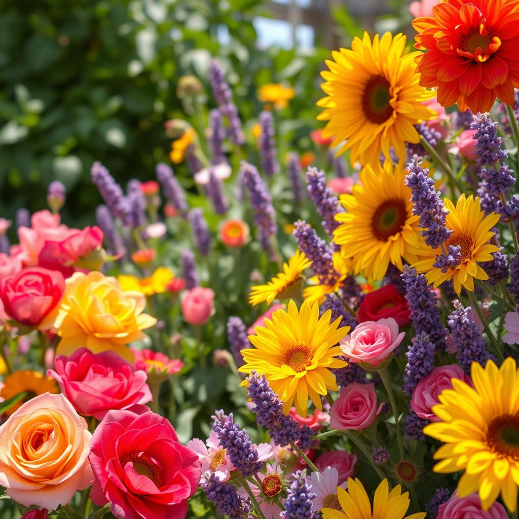 A vibrant background filled with a diverse array of blooming flowers in various colors and sizes