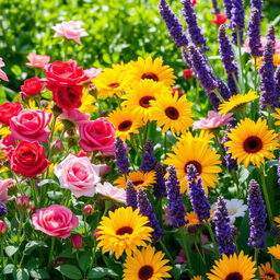 A vibrant background filled with a diverse array of blooming flowers in various colors and sizes