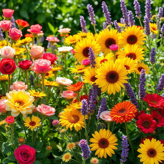 A vibrant background filled with a diverse array of blooming flowers in various colors and sizes