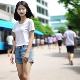 A high-resolution, realistic image of a 17-year-old Thai girl, slightly petite, walking