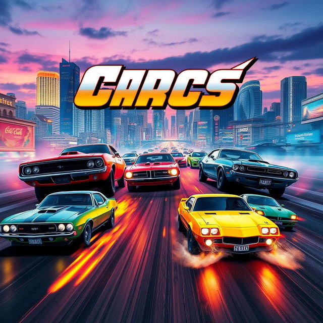 A vibrant and colorful cinema poster featuring classic and modern cars in an action-packed scene