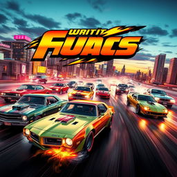 A vibrant and colorful cinema poster featuring classic and modern cars in an action-packed scene
