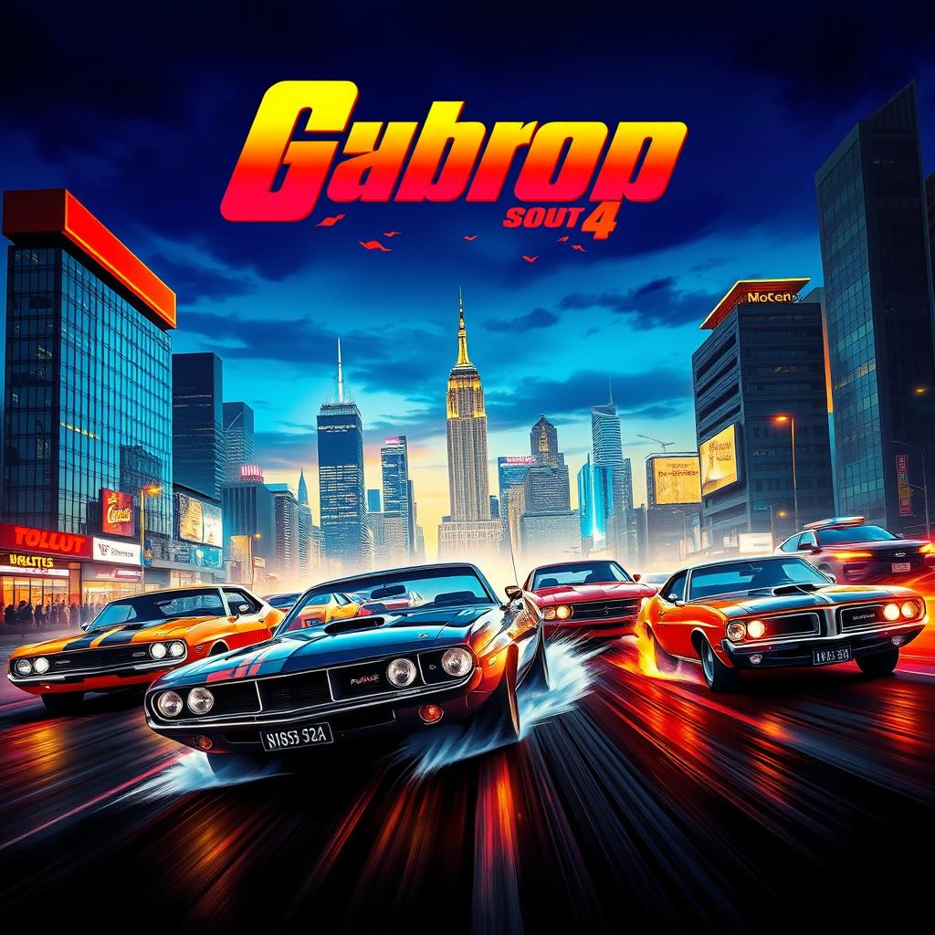 A vibrant and colorful cinema poster featuring classic and modern cars in an action-packed scene