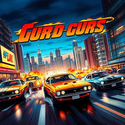 A vibrant and colorful cinema poster featuring classic and modern cars in an action-packed scene