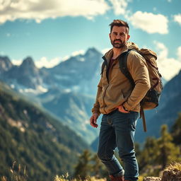 A rugged man standing confidently in front of a stunning mountain landscape, wearing a weathered backpack