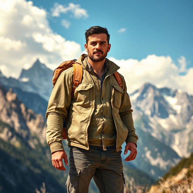 A rugged man standing confidently in front of a stunning mountain landscape, wearing a weathered backpack