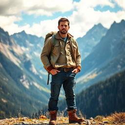 A rugged man standing confidently in front of a stunning mountain landscape, wearing a weathered backpack