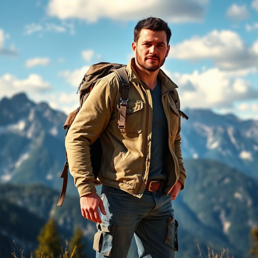 A rugged man standing confidently in front of a stunning mountain landscape, wearing a weathered backpack
