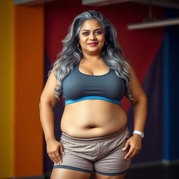 A plus-size Indian mature housewife with long grey hair, confidently posed in a sports environment
