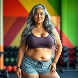 A plus-size Indian mature housewife with long grey hair, confidently posed in a sports environment