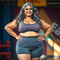 A plus-size Indian mature housewife with long grey hair, confidently posed in a sports environment