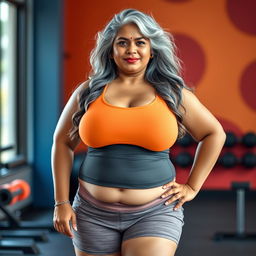 A plus-size Indian mature housewife with long grey hair, confidently posed in a sports environment