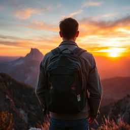 A man from behind wearing a backpack, standing on a scenic overlook with a breathtaking view of mountains and a vibrant sunset in the background