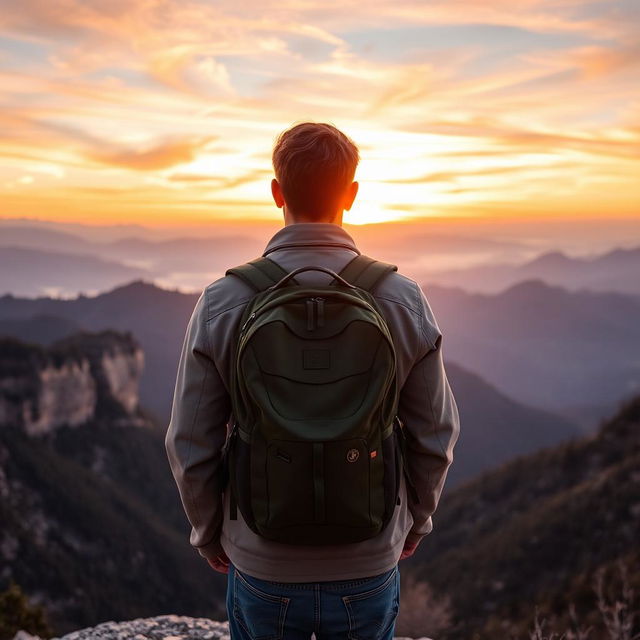 A man from behind wearing a backpack, standing on a scenic overlook with a breathtaking view of mountains and a vibrant sunset in the background