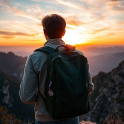 A man from behind wearing a backpack, standing on a scenic overlook with a breathtaking view of mountains and a vibrant sunset in the background