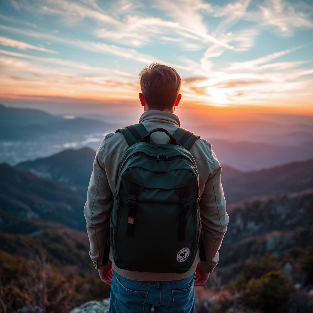 A man from behind wearing a backpack, standing on a scenic overlook with a breathtaking view of mountains and a vibrant sunset in the background