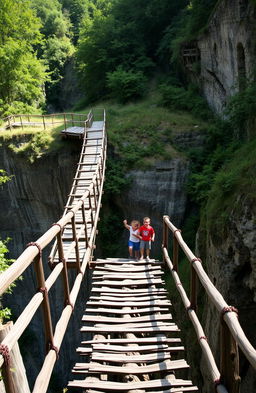 An old bridge stretching across a deep ravine, surrounded by lush greenery and dramatic natural scenery