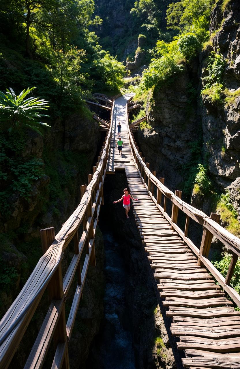 An old bridge stretching across a deep ravine, surrounded by lush greenery and dramatic natural scenery