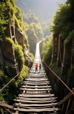 An old bridge stretching across a deep ravine, surrounded by lush greenery and dramatic natural scenery