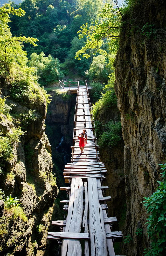 An old bridge stretching across a deep ravine, surrounded by lush greenery and dramatic natural scenery
