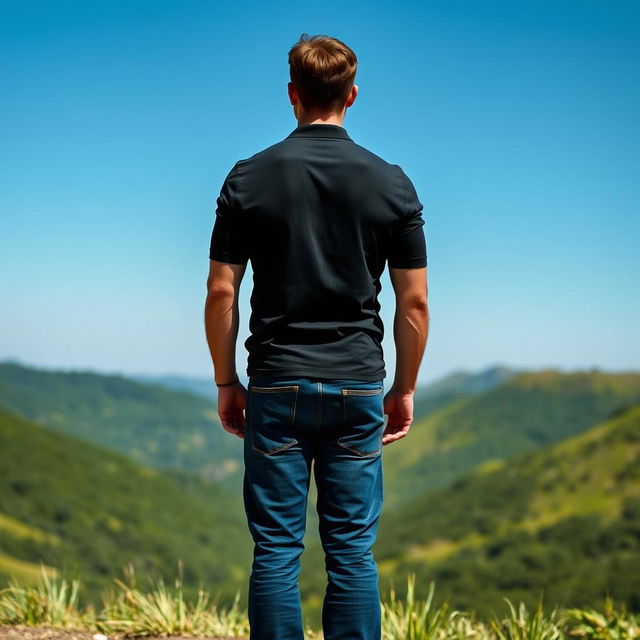 A full-body view of a man standing with his back to the viewer, showcasing a well-defined physique