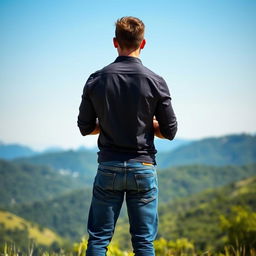 A full-body view of a man standing with his back to the viewer, showcasing a well-defined physique