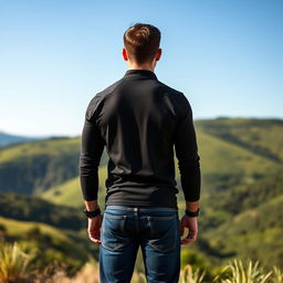 A full-body view of a man standing with his back to the viewer, showcasing a well-defined physique