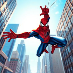 A vibrant thumbnail of Spider-Man in an action pose, swinging through a cityscape filled with tall skyscrapers and a bright blue sky