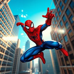 A vibrant thumbnail of Spider-Man in an action pose, swinging through a cityscape filled with tall skyscrapers and a bright blue sky