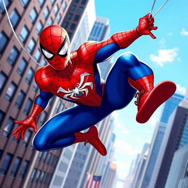 A vibrant thumbnail of Spider-Man in an action pose, swinging through a cityscape filled with tall skyscrapers and a bright blue sky