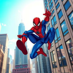 A vibrant thumbnail of Spider-Man in an action pose, swinging through a cityscape filled with tall skyscrapers and a bright blue sky